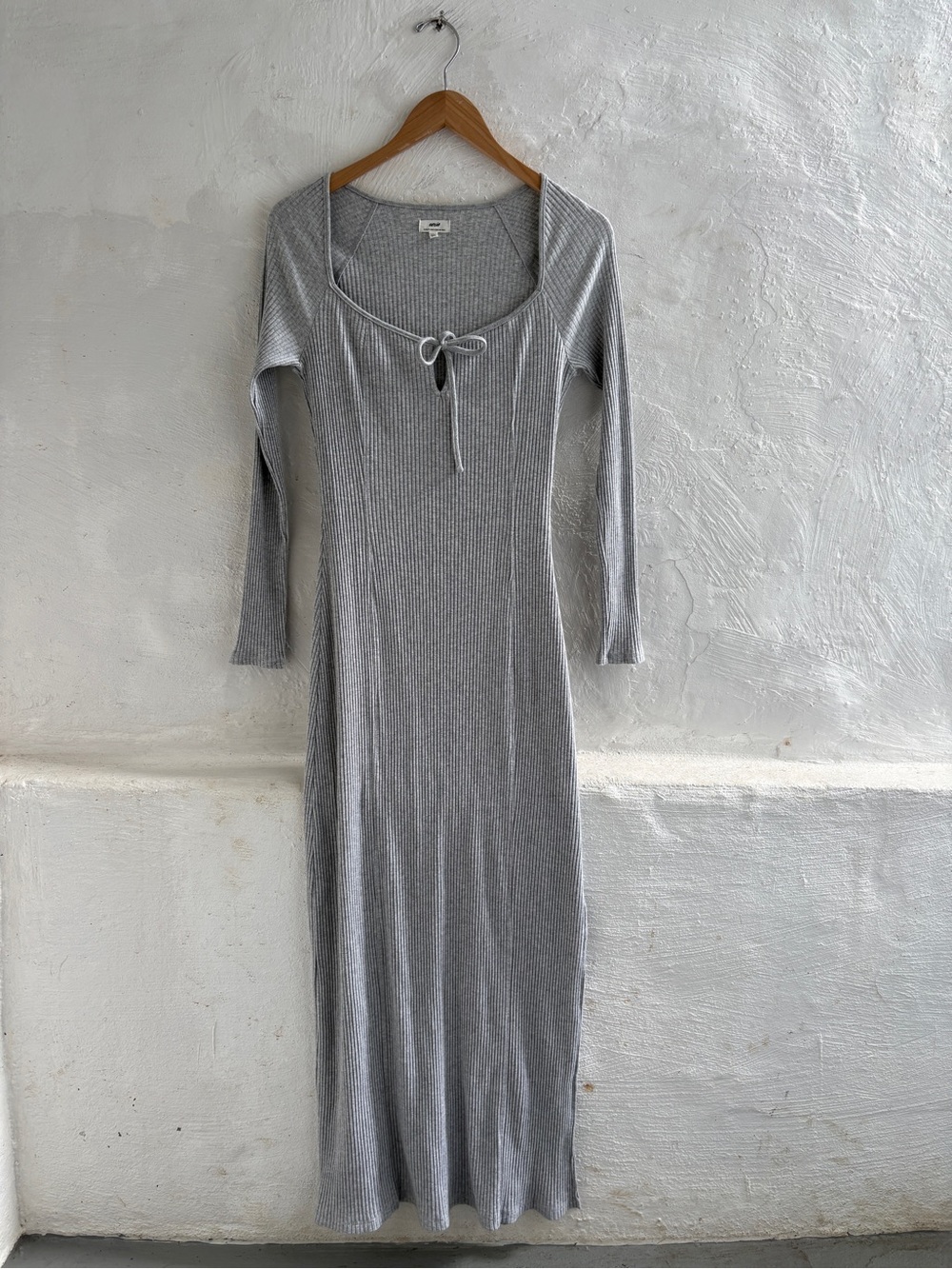 Aerie Long Sleeve Knit Tie Front ribbed Maxi Dress